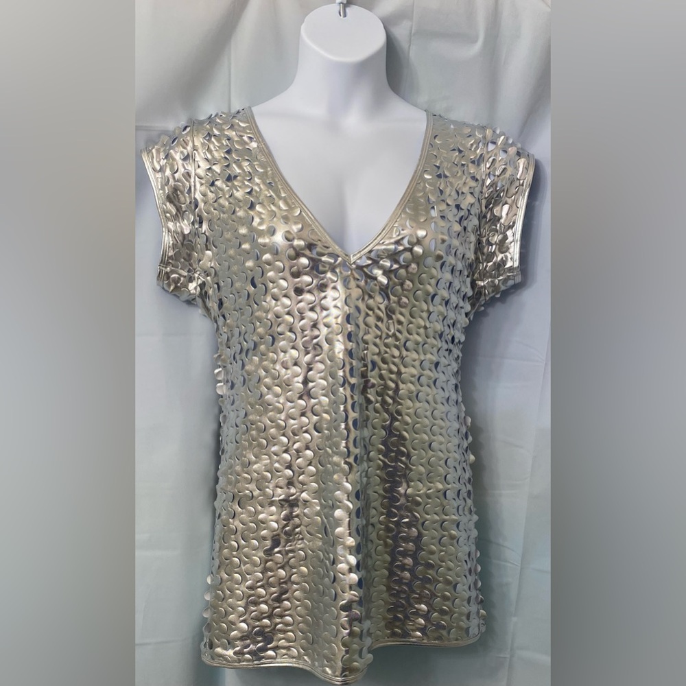 NWT Elegant Moments Cut Out Silver Lame’ Deep V Mini Dress – plus size 2X